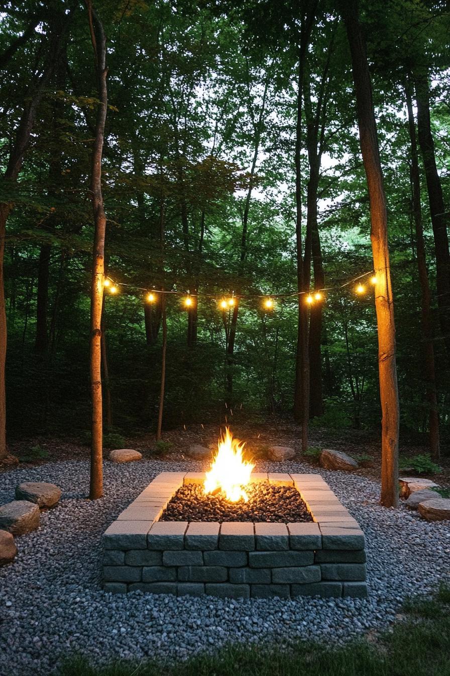 square brick fire pit are on gravel posts in the corners string lights on the poles 3