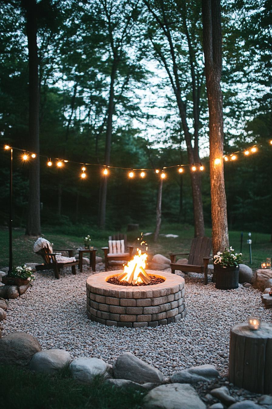 square brick fire pit are on gravel posts in the corners string lights on the poles