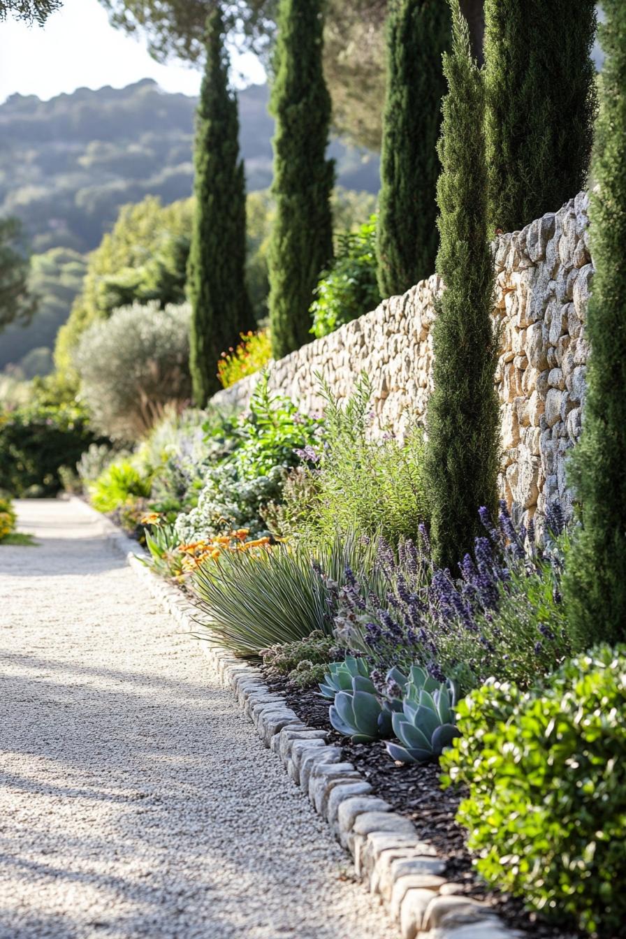 tuscan garden with wall fence gravel paths native plants and succulents thujas 1