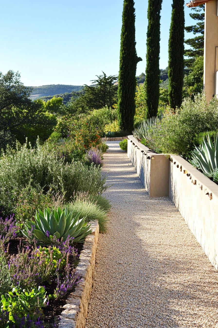 tuscan garden with wall fence gravel paths native plants and succulents thujas 2