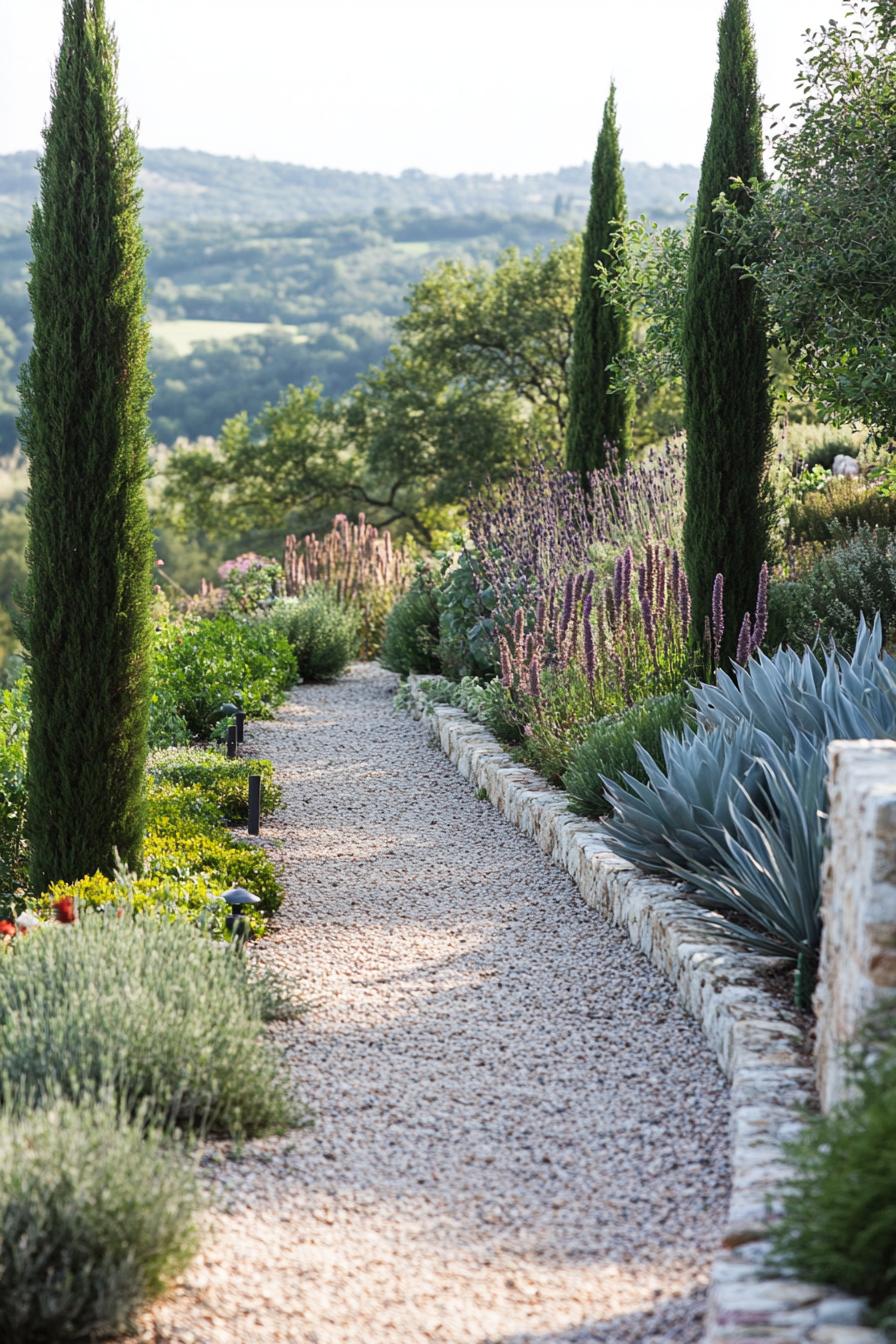 tuscan garden with wall fence gravel paths native plants and succulents thujas 3