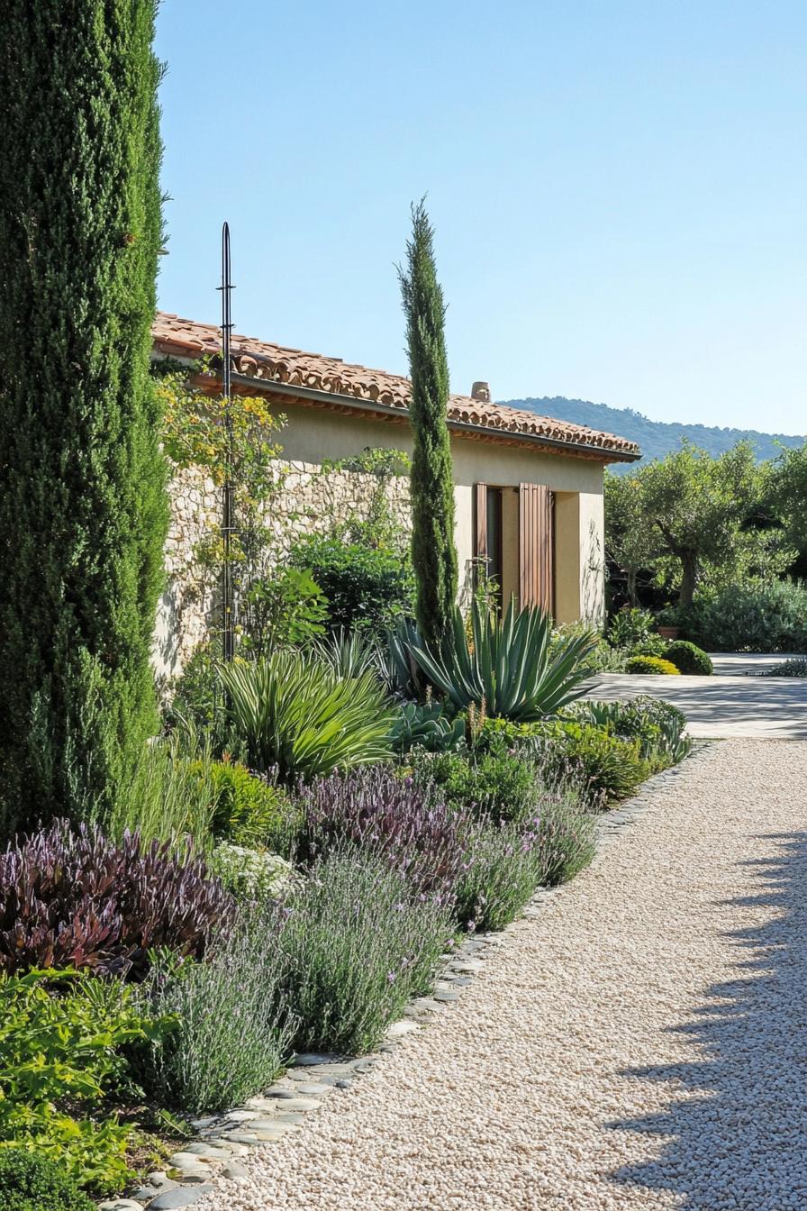 tuscan garden with wall fence gravel paths native plants and succulents thujas