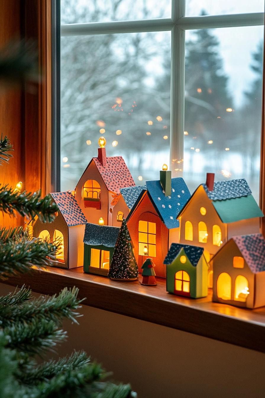 window sill decorated with LED lit carton houses Christmas village scene 1