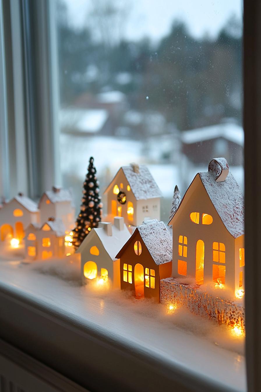 window sill decorated with LED lit carton houses Christmas village scene