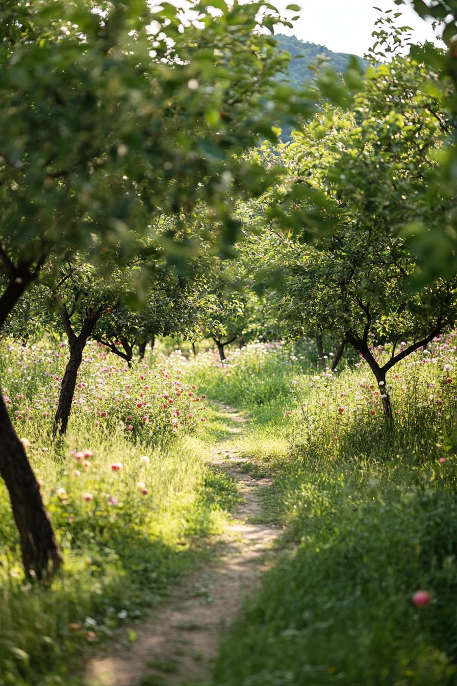 apple tree orchard garden with tall grass and whildflower and a curved path between the trees 1