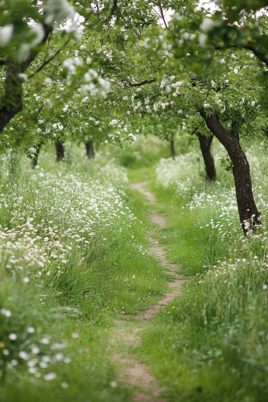 apple tree orchard garden with tall grass and whildflower and a curved path between the trees