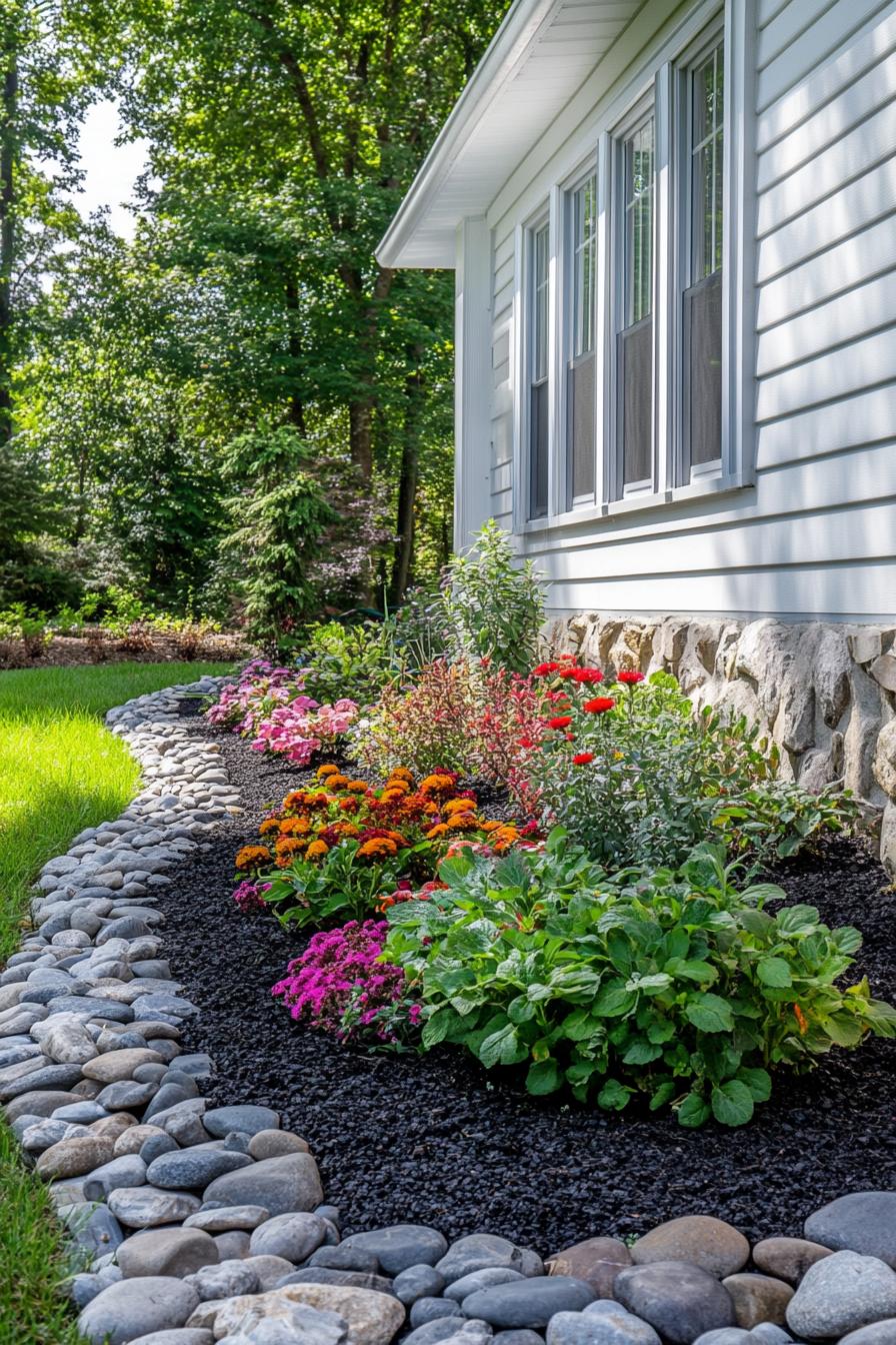 backyard garden against a wall of a cottage house with white siding stone foundations dark mulch with colorful shrub plants and flowers lined by