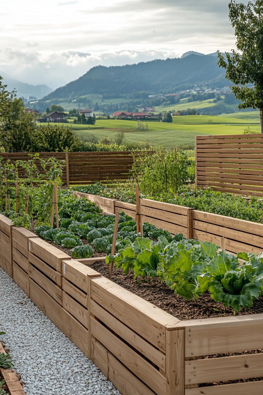 farm garden with wooden vegetable beds lined perpendicular to a modern wooden fence with slats there are green fields and hills in the background 1