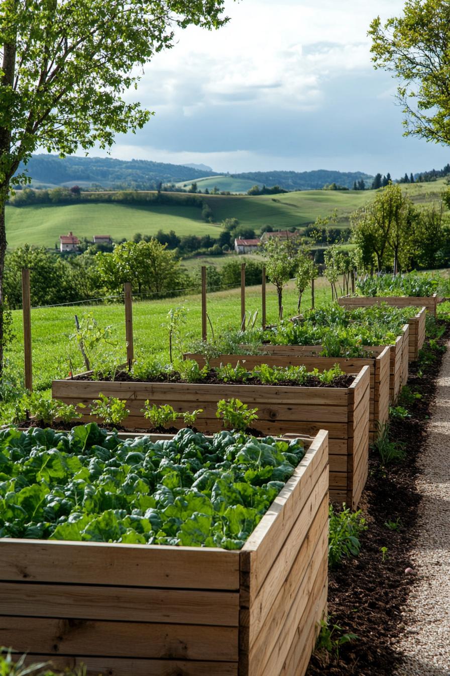 farm garden with wooden vegetable beds lined perpendicular to a modern wooden fence with slats there are green fields and hills in the background