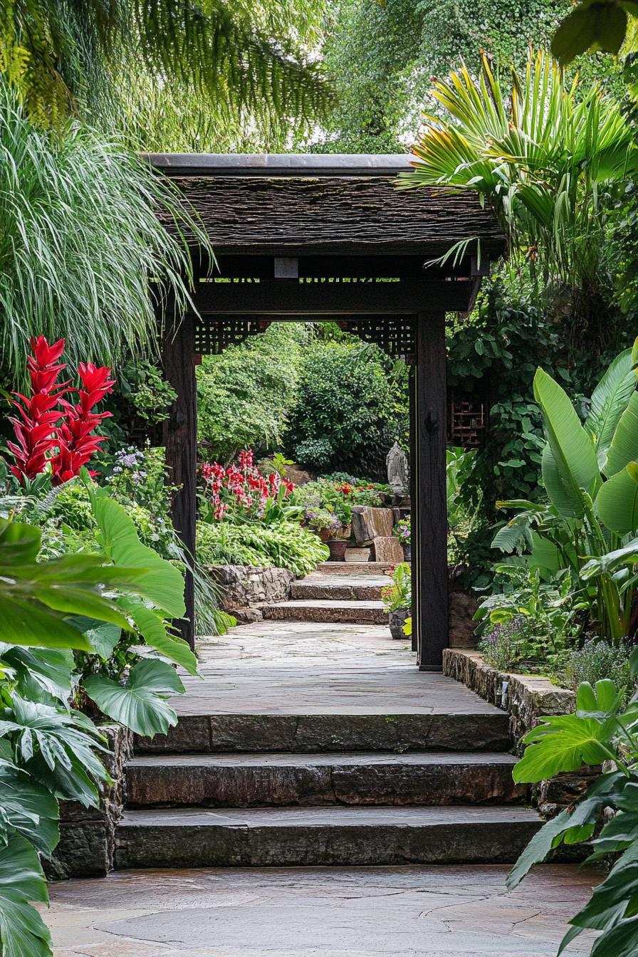 large oriental garden entrance overgrown with lush plants 1