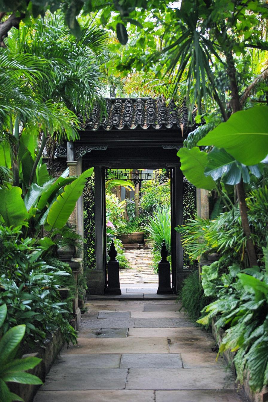 large oriental garden entrance overgrown with lush plants 2