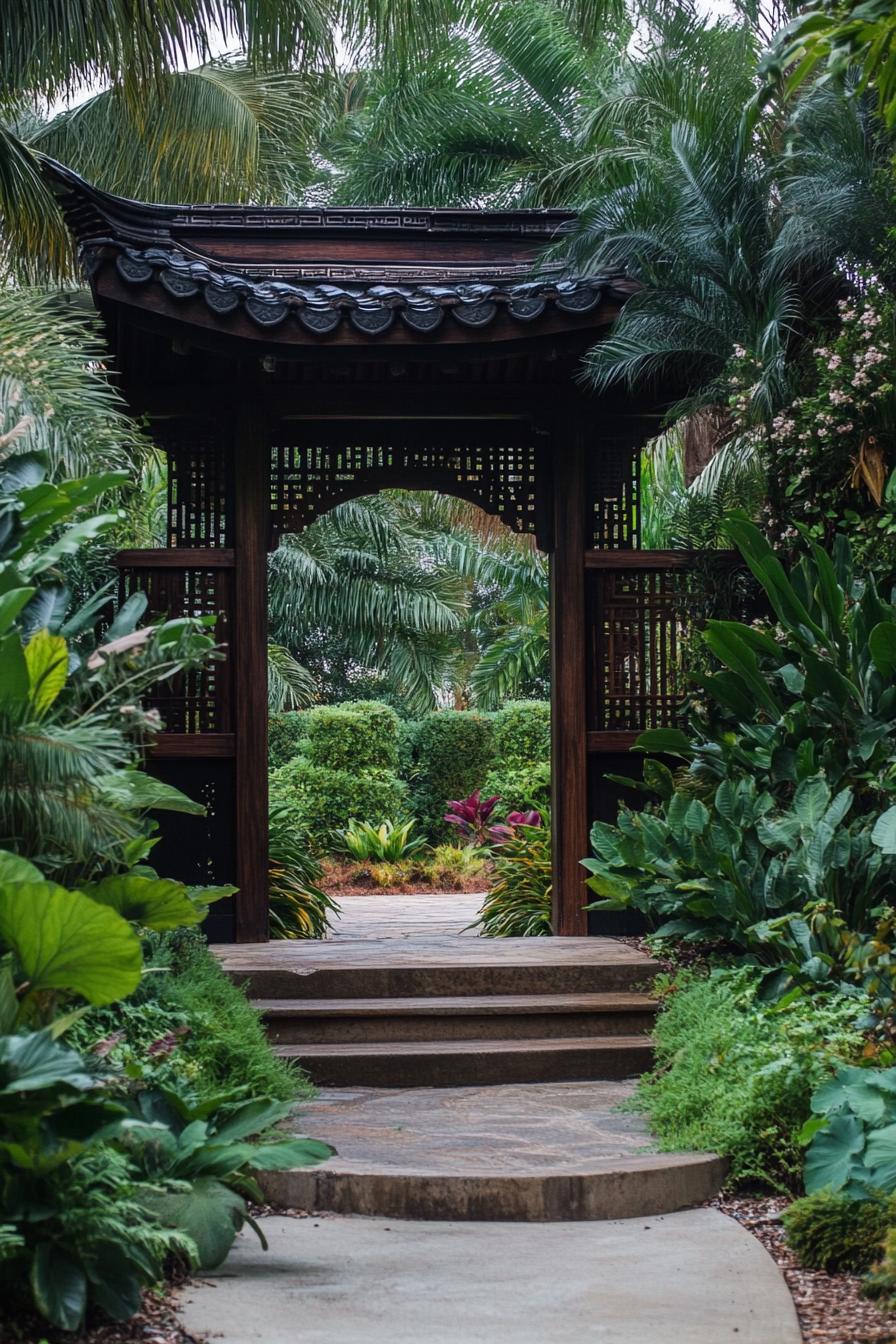 large oriental garden entrance overgrown with lush plants