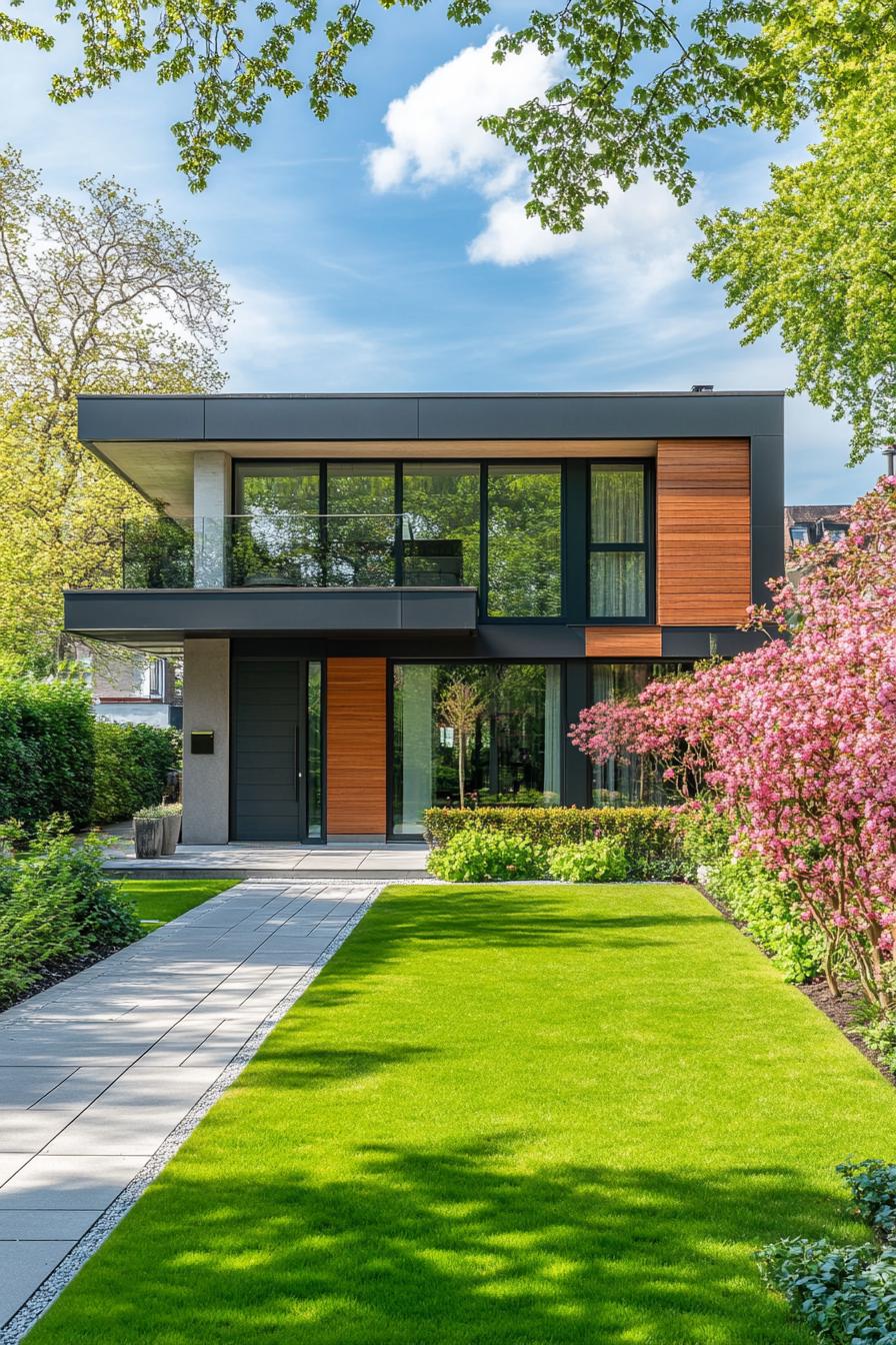 modern cottage house front with green lawn and pink flower shrubs 1