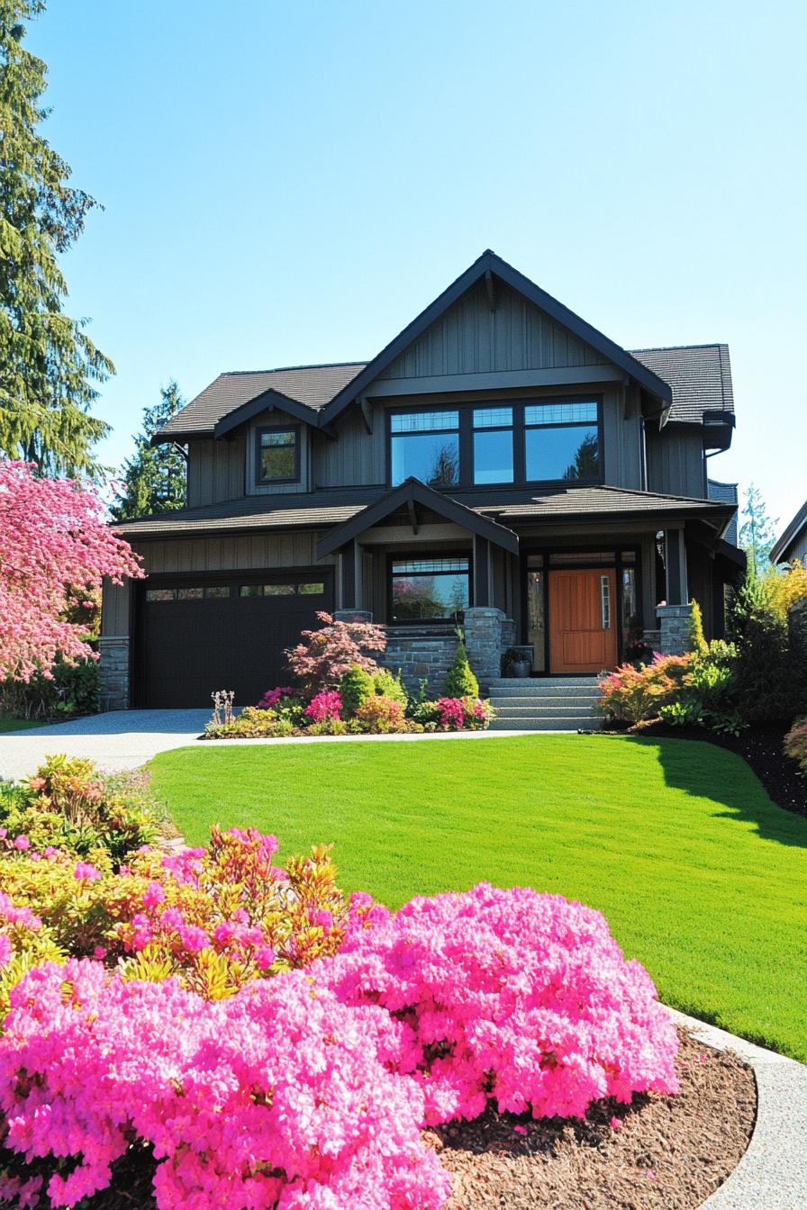 modern cottage house front with green lawn and pink flower shrubs 2