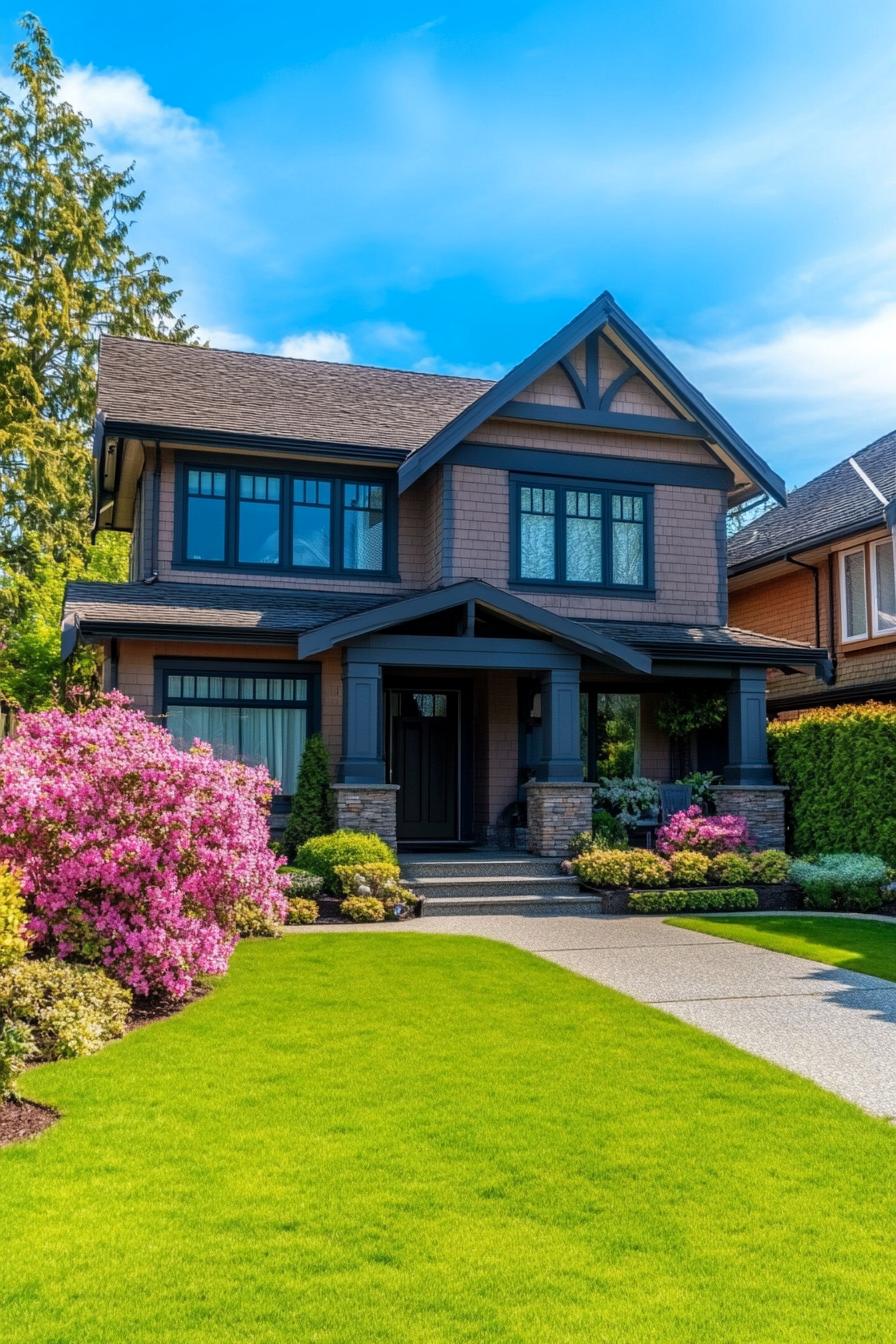 modern cottage house front with green lawn and pink flower shrubs 3