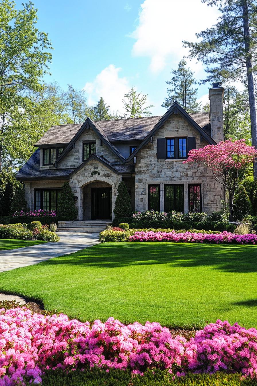 modern cottage house front with green lawn and pink flower shrubs