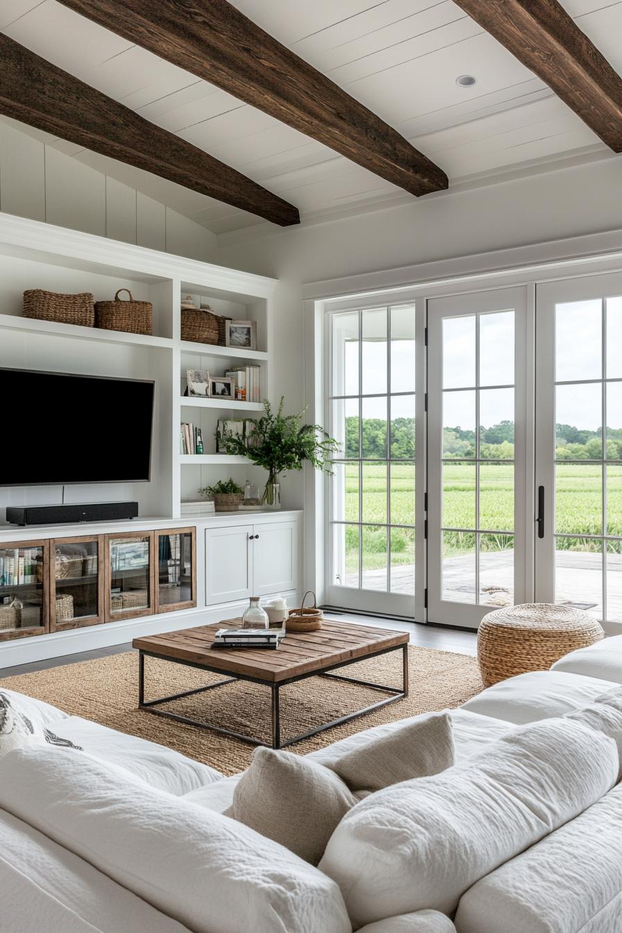 modern farmhouse living room with white walls and ceiling exposed dark wood stain ceiling beams built in bookshelf TV on a rustic console with 1