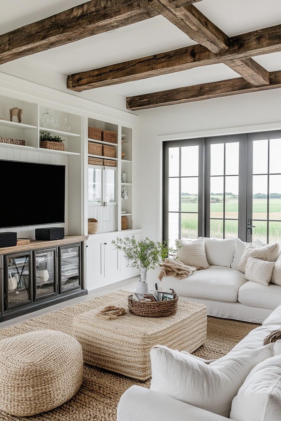 modern farmhouse living room with white walls and ceiling exposed dark wood stain ceiling beams built in bookshelf TV on a rustic console with