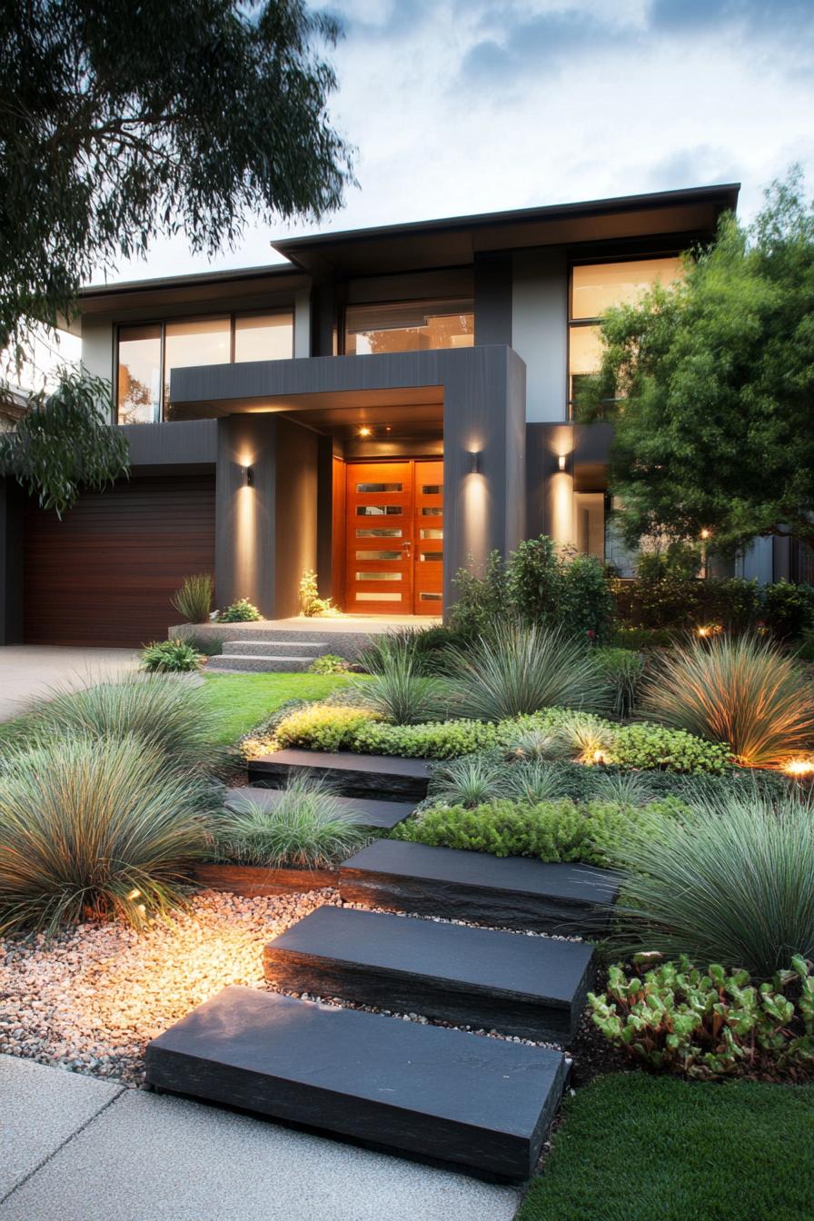 modern house front yard with native bush shrubs 1