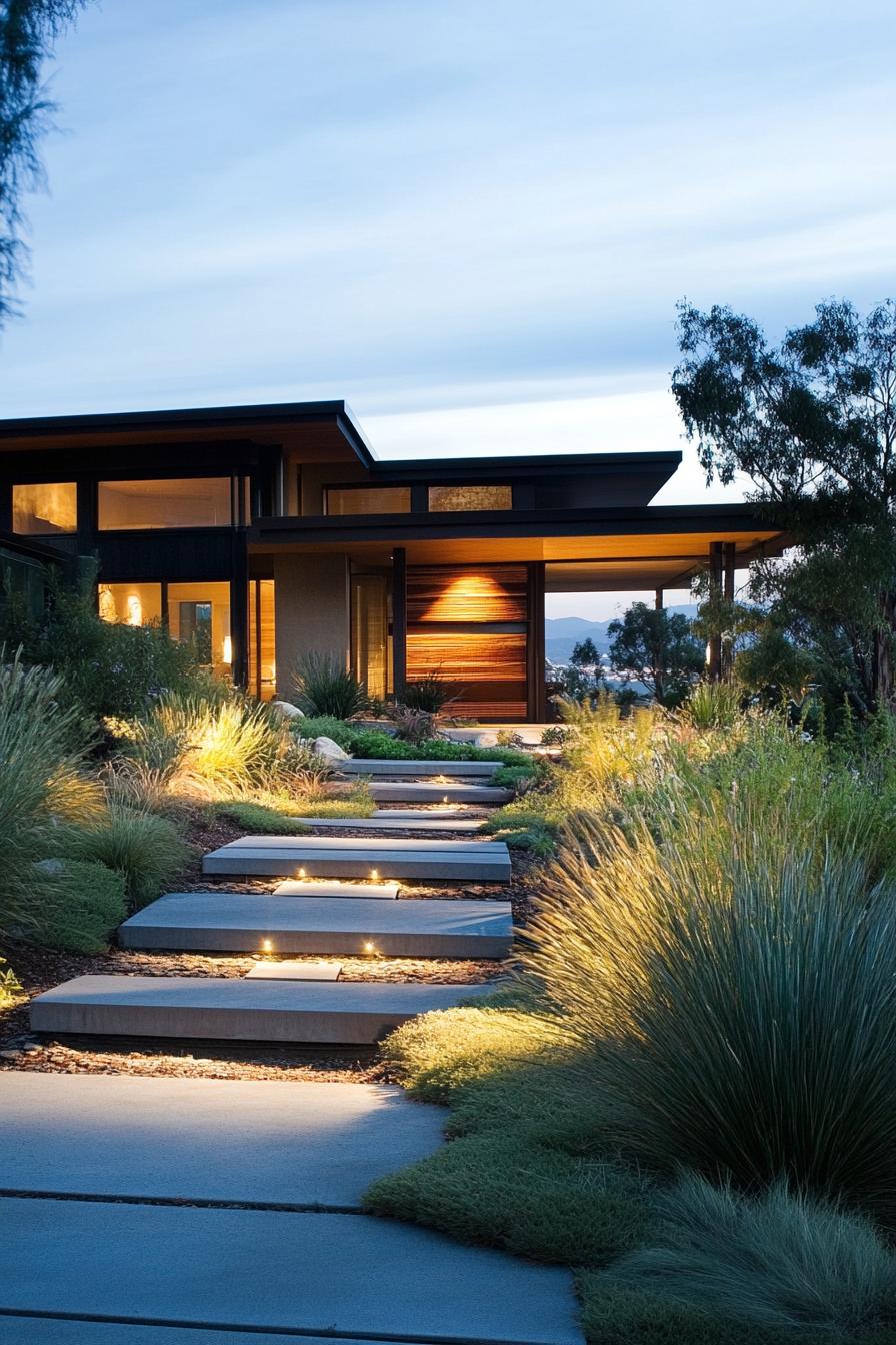 modern house front yard with native bush shrubs