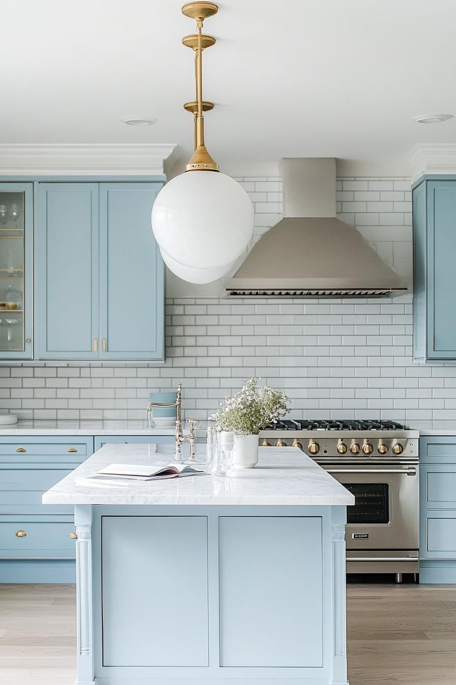 modern kitchen with pastel baby blue cabinets gilded cabinet hardware subway tile wall silver appliances marble countertops kitchen island white