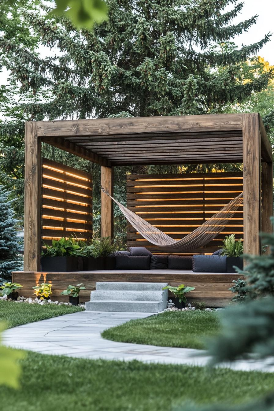 modern wooden gazebo made of large beams in clean modern lines the deck is concrete with steps and integrated planters in the corners a paved path 1