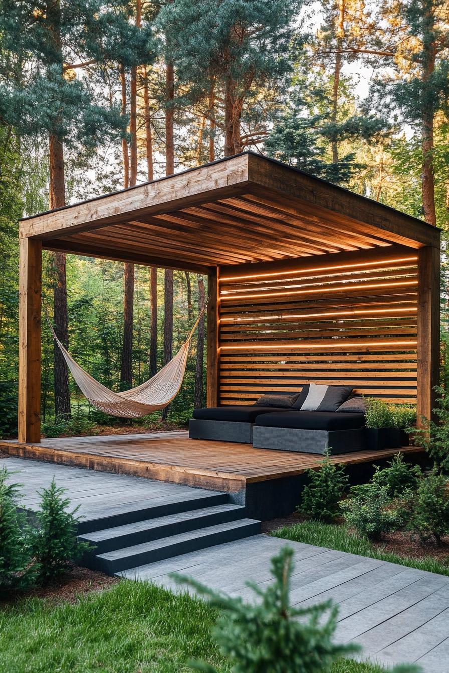 modern wooden gazebo made of large beams in clean modern lines the deck is concrete with steps and integrated planters in the corners a paved path 2