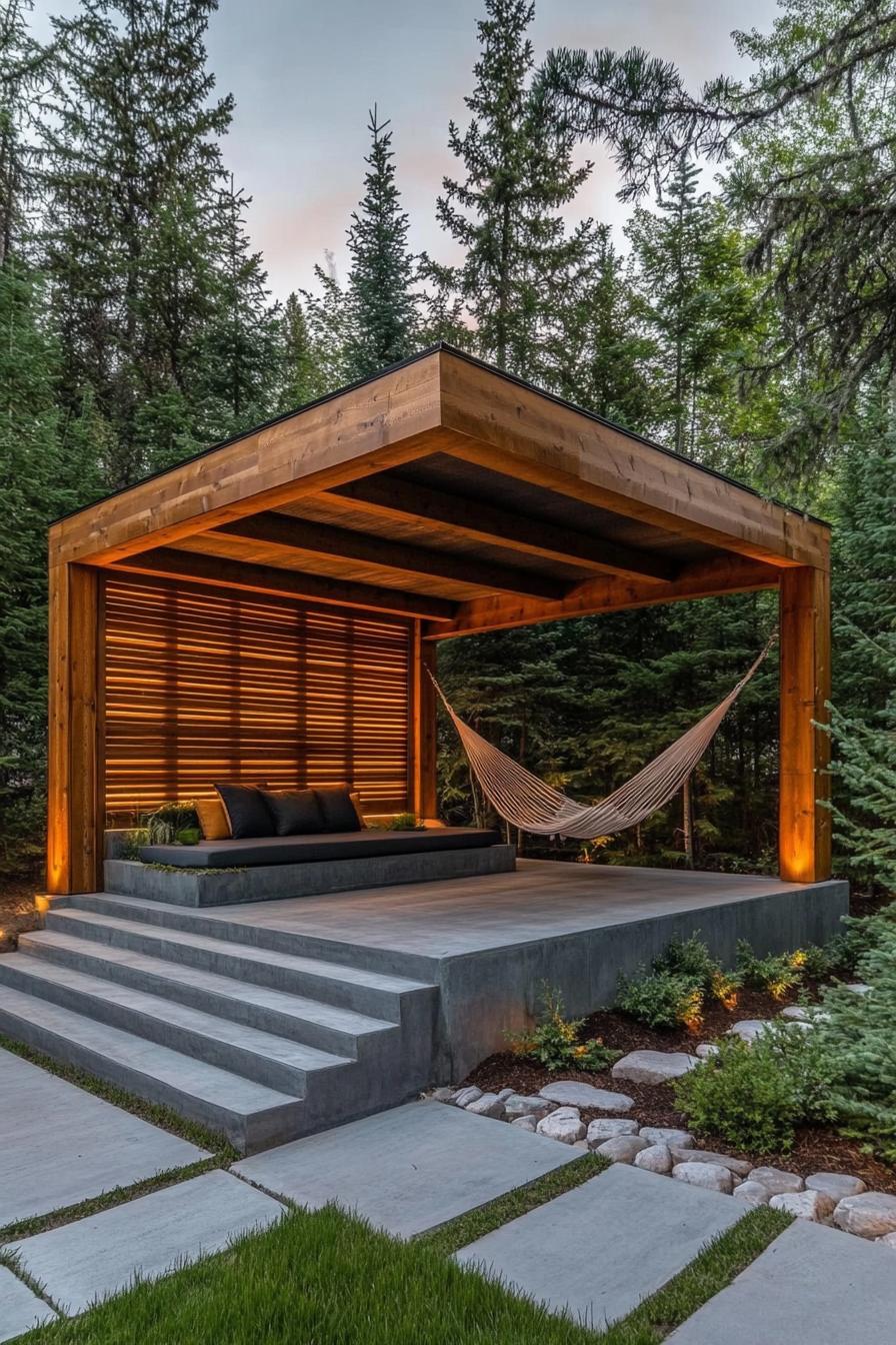 modern wooden gazebo made of large beams in clean modern lines the deck is concrete with steps and integrated planters in the corners a paved path 3