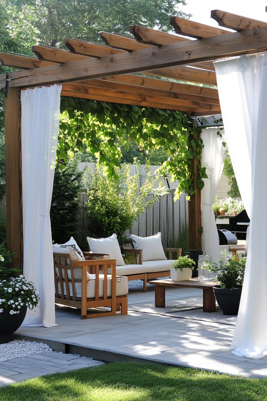 patio with pergola with vines drapes modern wooden furniture potted plants 1