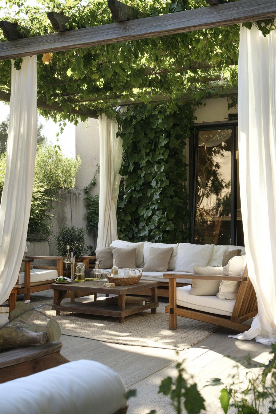 patio with pergola with vines drapes modern wooden furniture potted plants