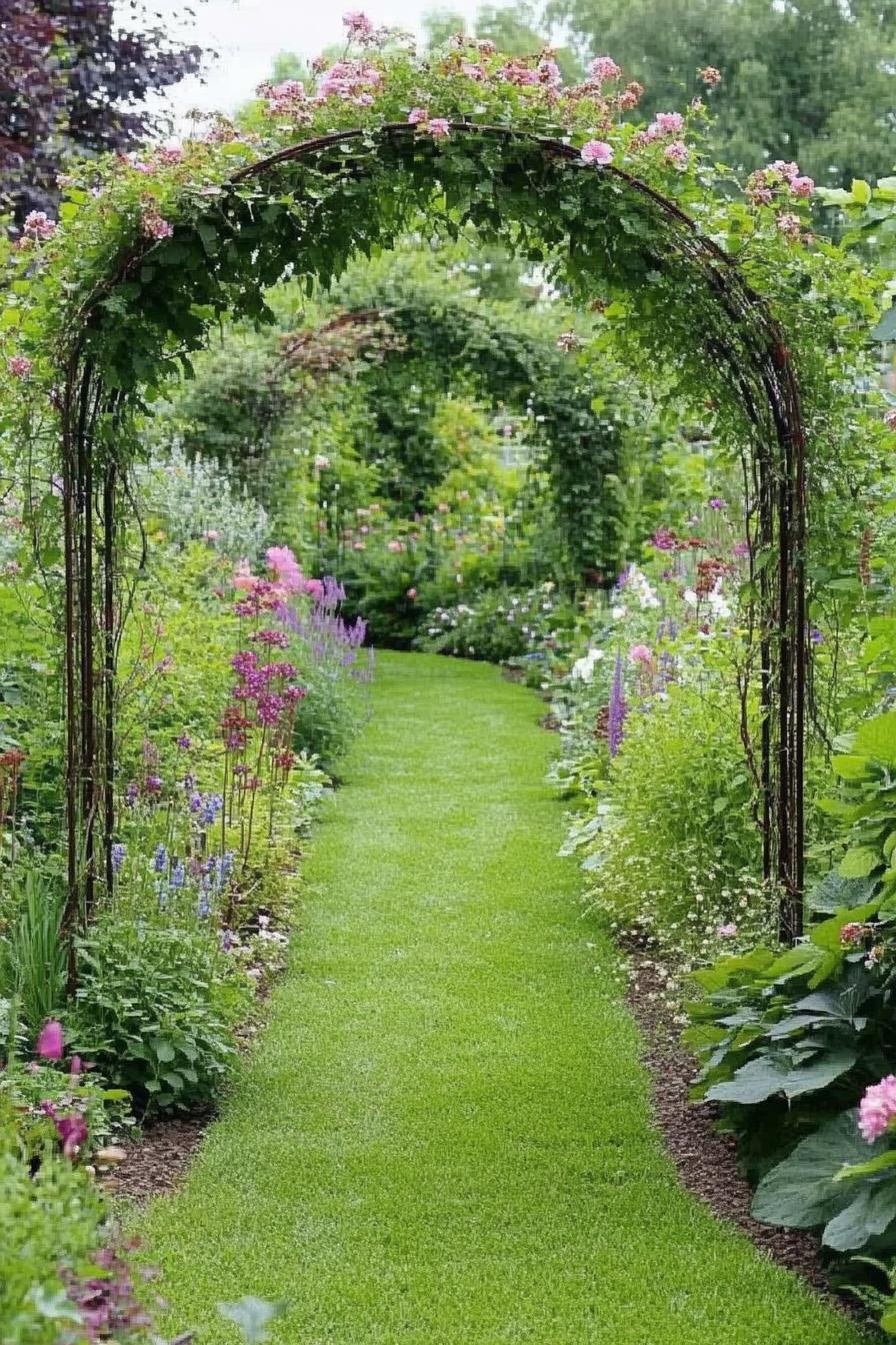 small rustic country garden with small metal wire arbor overgrown with flower vine climbers the garden has a narrow grass path bordered with lush 1