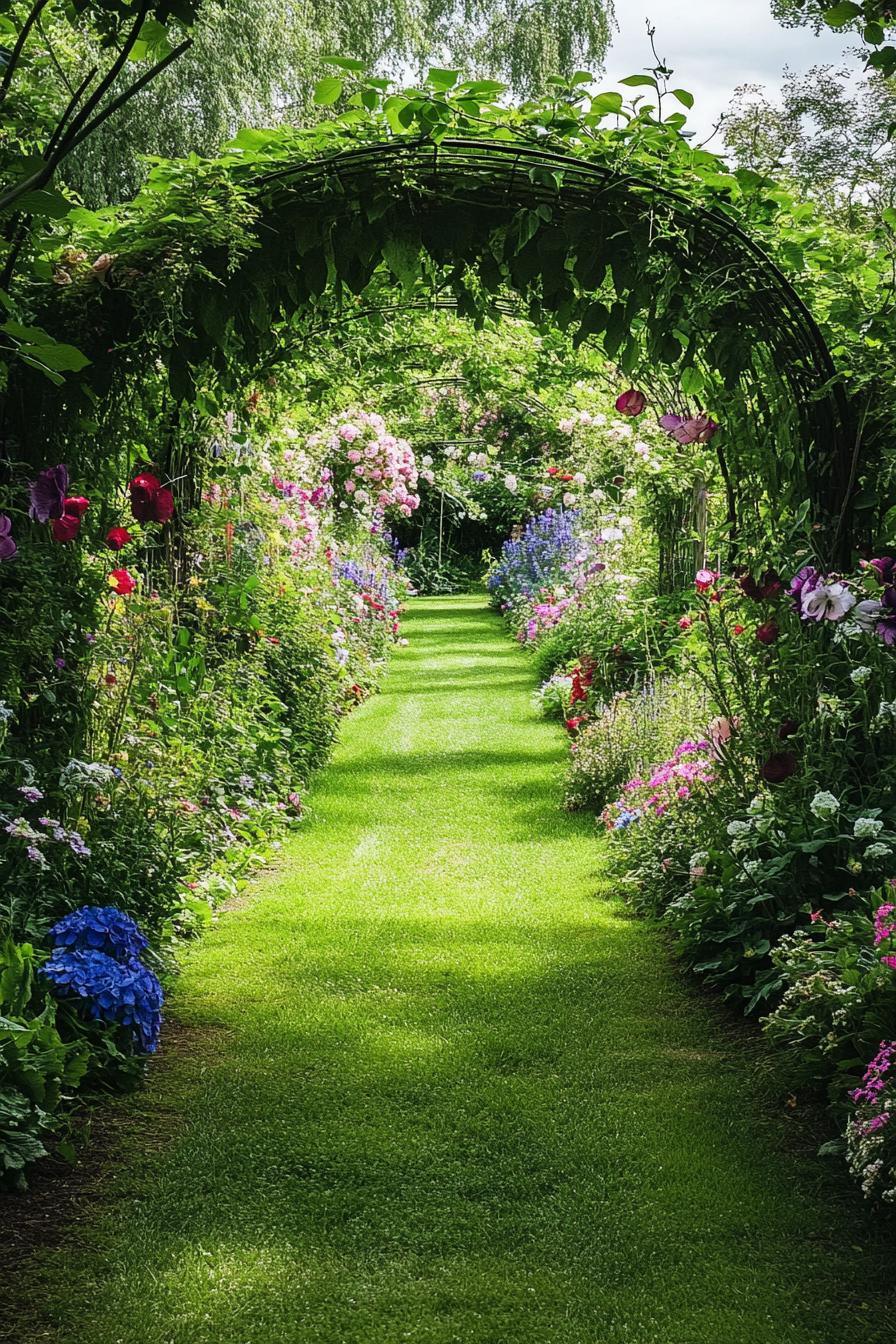 small rustic country garden with small metal wire arbor overgrown with flower vine climbers the garden has a narrow grass path bordered with lush