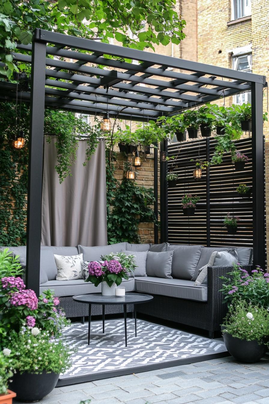 tiny black metal modern pergola in a small corner of a modern house wall and slatted tall fence pergola with climber plants and fabric cover on top 1