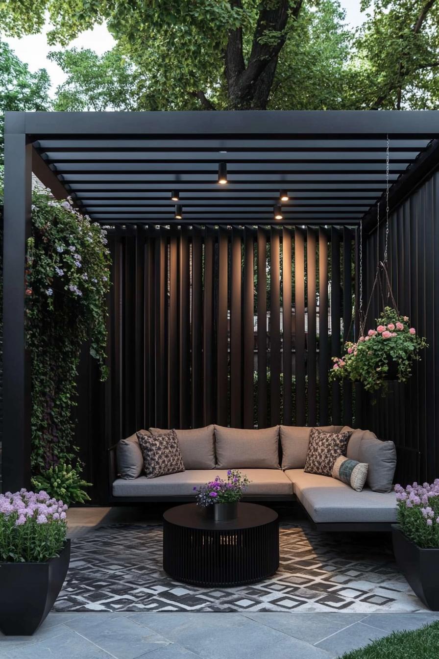 tiny black metal modern pergola in a small corner of a modern house wall and slatted tall fence pergola with climber plants and fabric cover on top 2