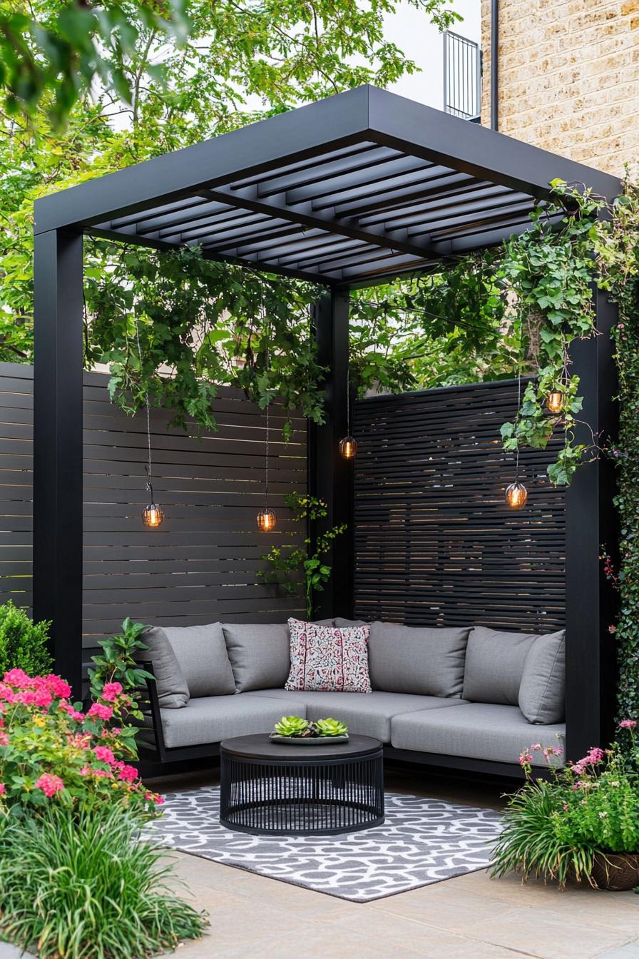 tiny black metal modern pergola in a small corner of a modern house wall and slatted tall fence pergola with climber plants and fabric cover on top 3