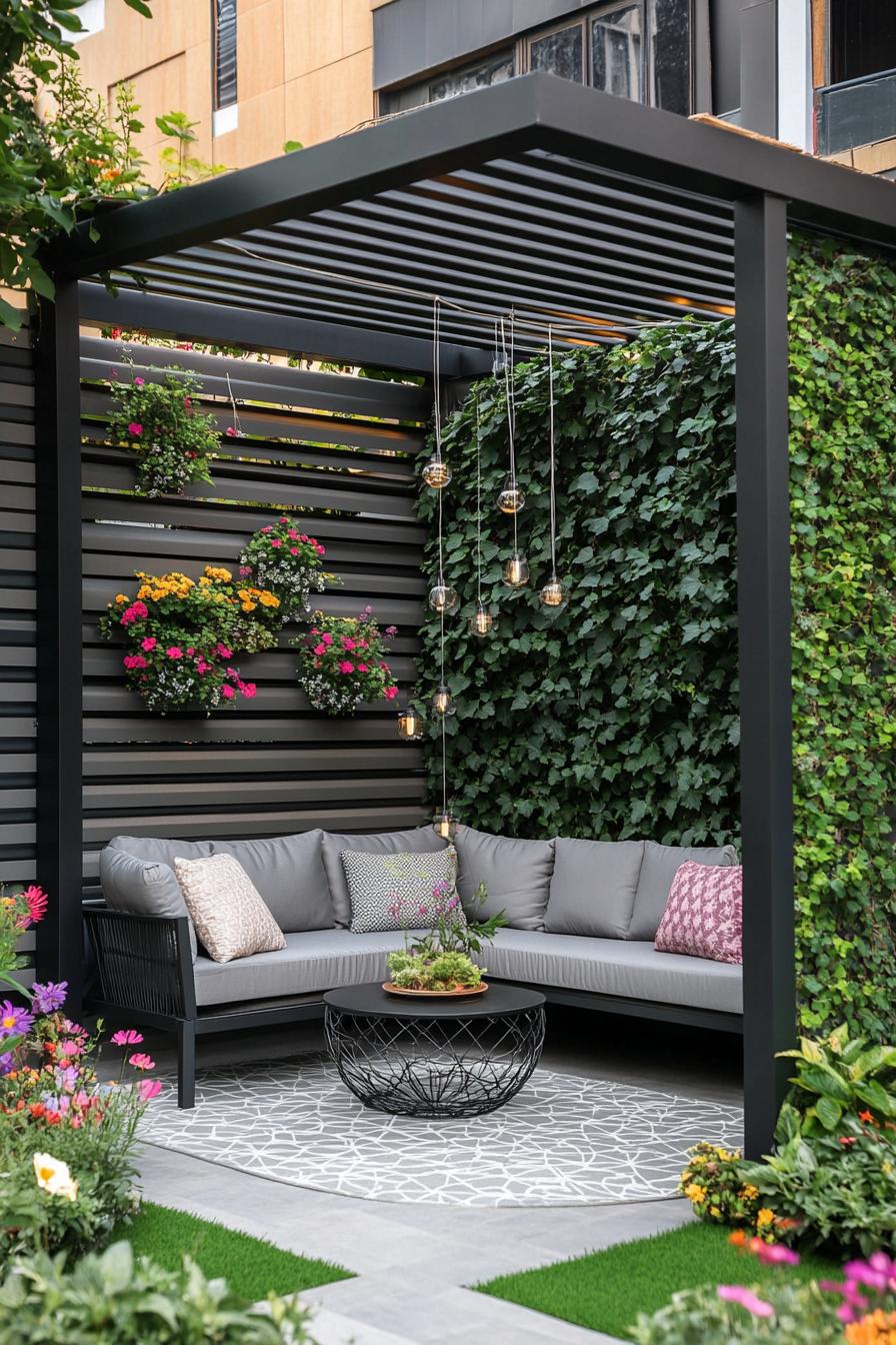 tiny black metal modern pergola in a small corner of a modern house wall and slatted tall fence pergola with climber plants and fabric cover on top