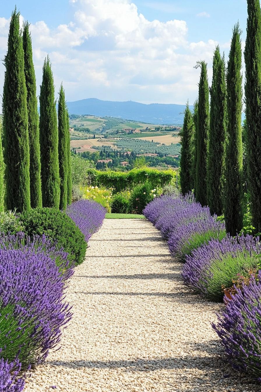 tuscan garden with gravel path lined with lavenders and tall thujas stunning Tuscan landscape in the background 1