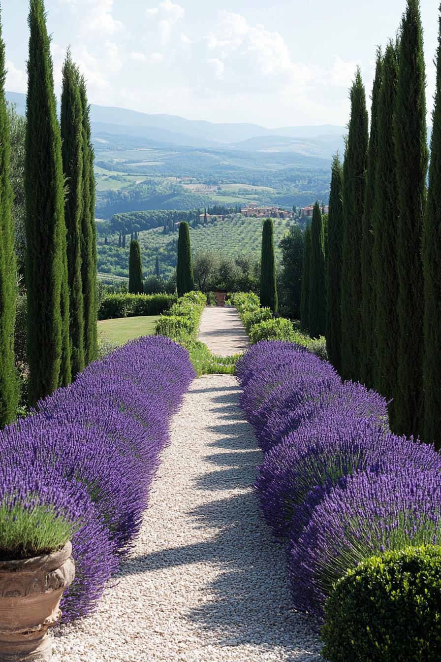 tuscan garden with gravel path lined with lavenders and tall thujas stunning Tuscan landscape in the background