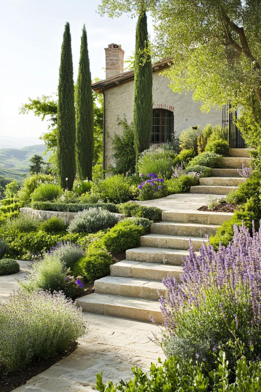 tuscan garden with steps lush native plants trees shrubs 1