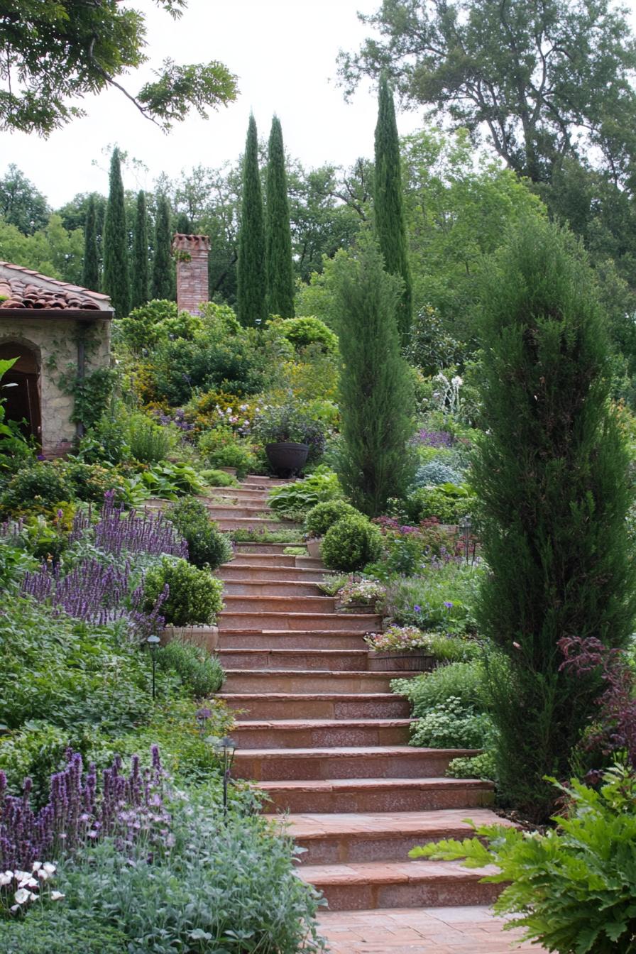 tuscan garden with steps lush native plants trees shrubs