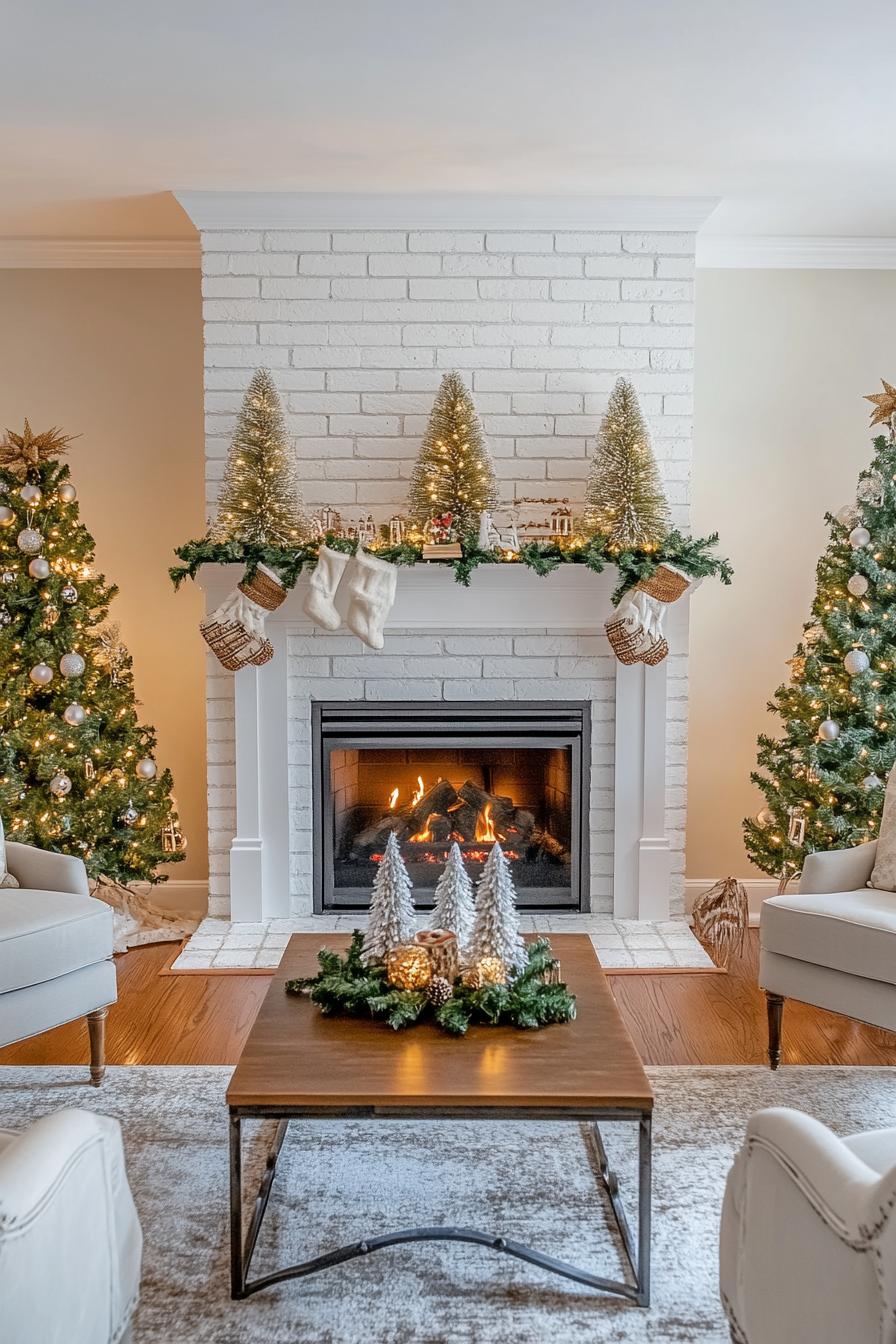 white brick fireplace decorated for Christmas two faux Christmas trees stand on each side of the fireplace mantel with decorations coffee table in 1