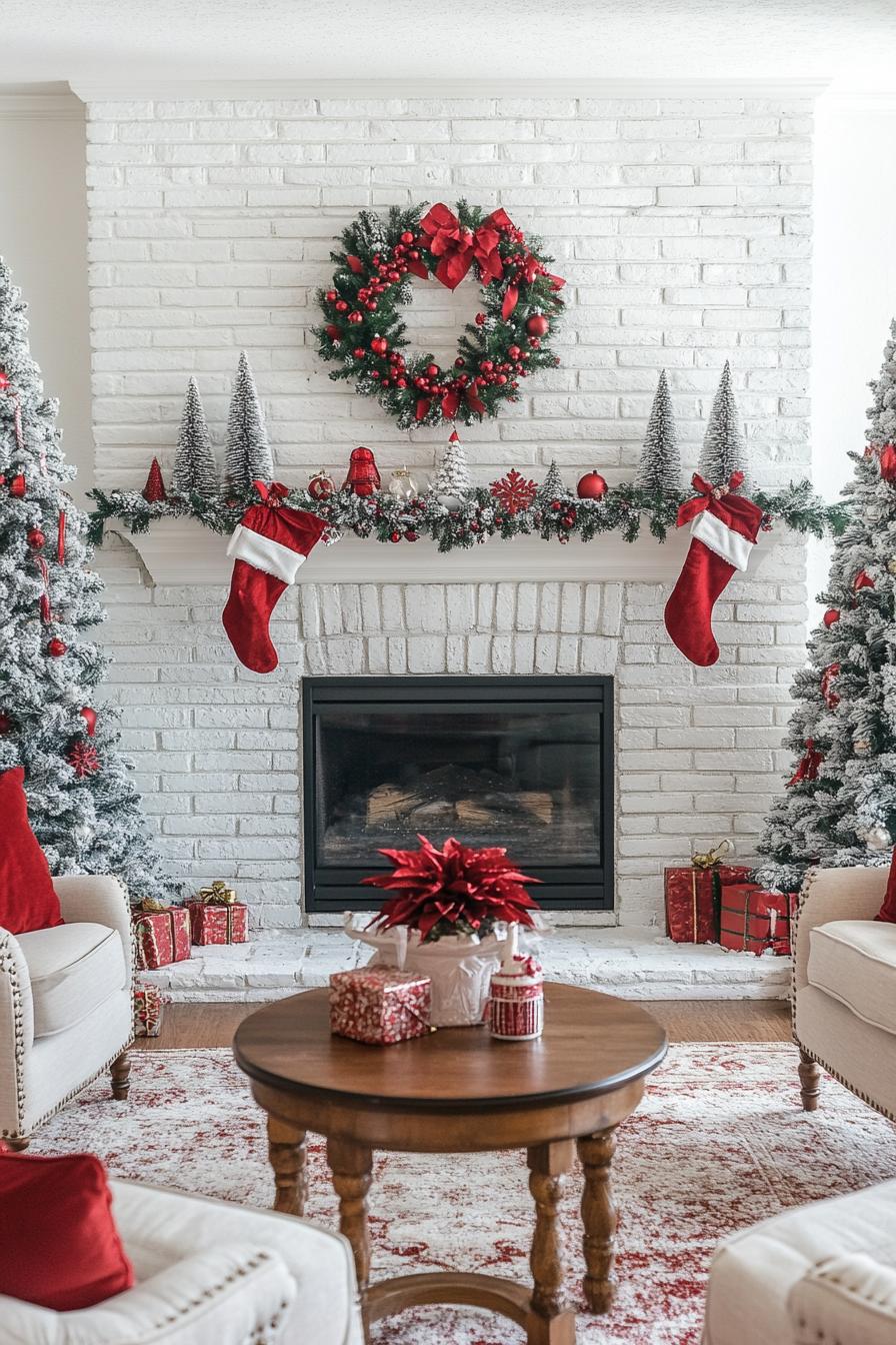 white brick fireplace decorated for Christmas two faux Christmas trees stand on each side of the fireplace mantel with decorations coffee table in