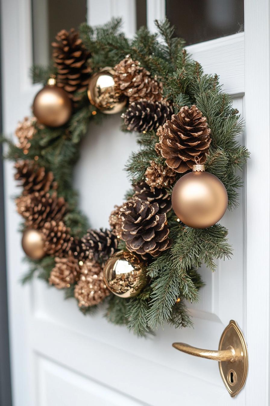 Christmas whreat on a white door it has pinecones and brown and black robbons with golden ball ornaments 1