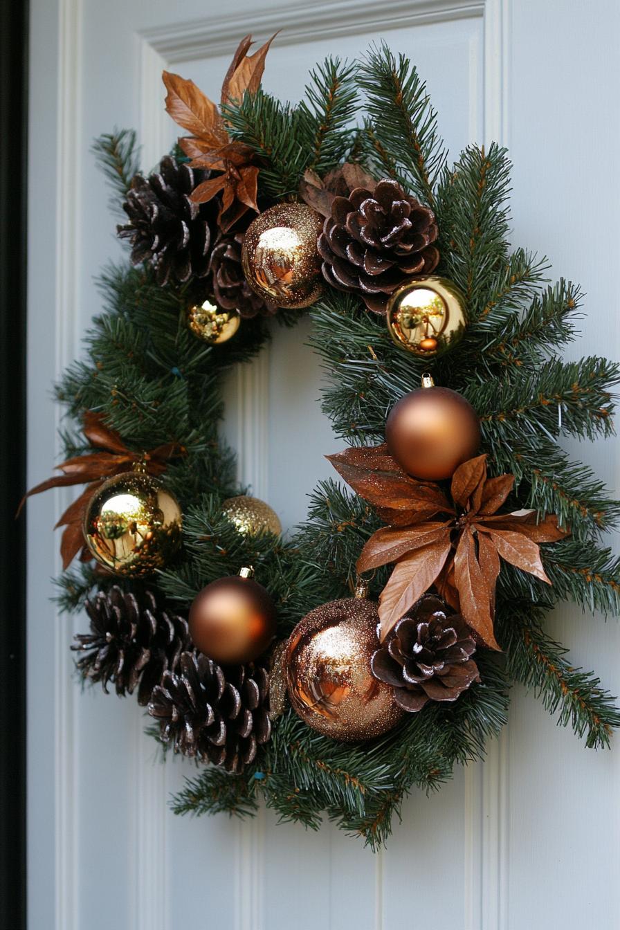 Christmas whreat on a white door it has pinecones and brown and black robbons with golden ball ornaments