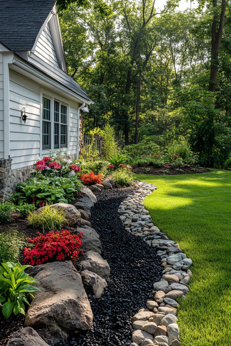 backyard garden of a cottage house with white siding stone foundations dark mulch with colorful shrub plants and flowers hardscape with large