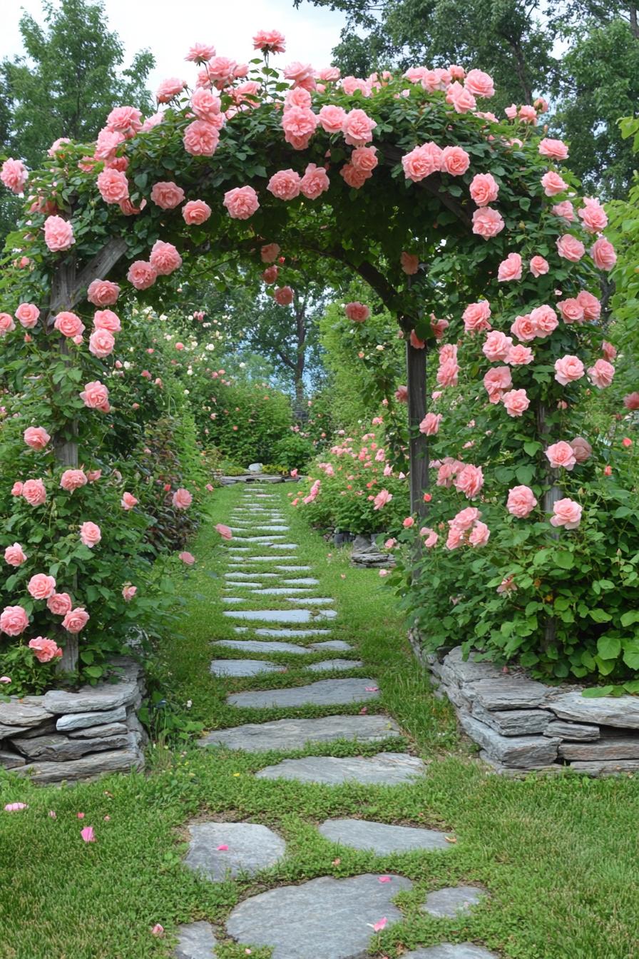 beautiful lush garden with arbor of pink vine roses theres a garden benh and a stone path leading to it there are stone borders 1