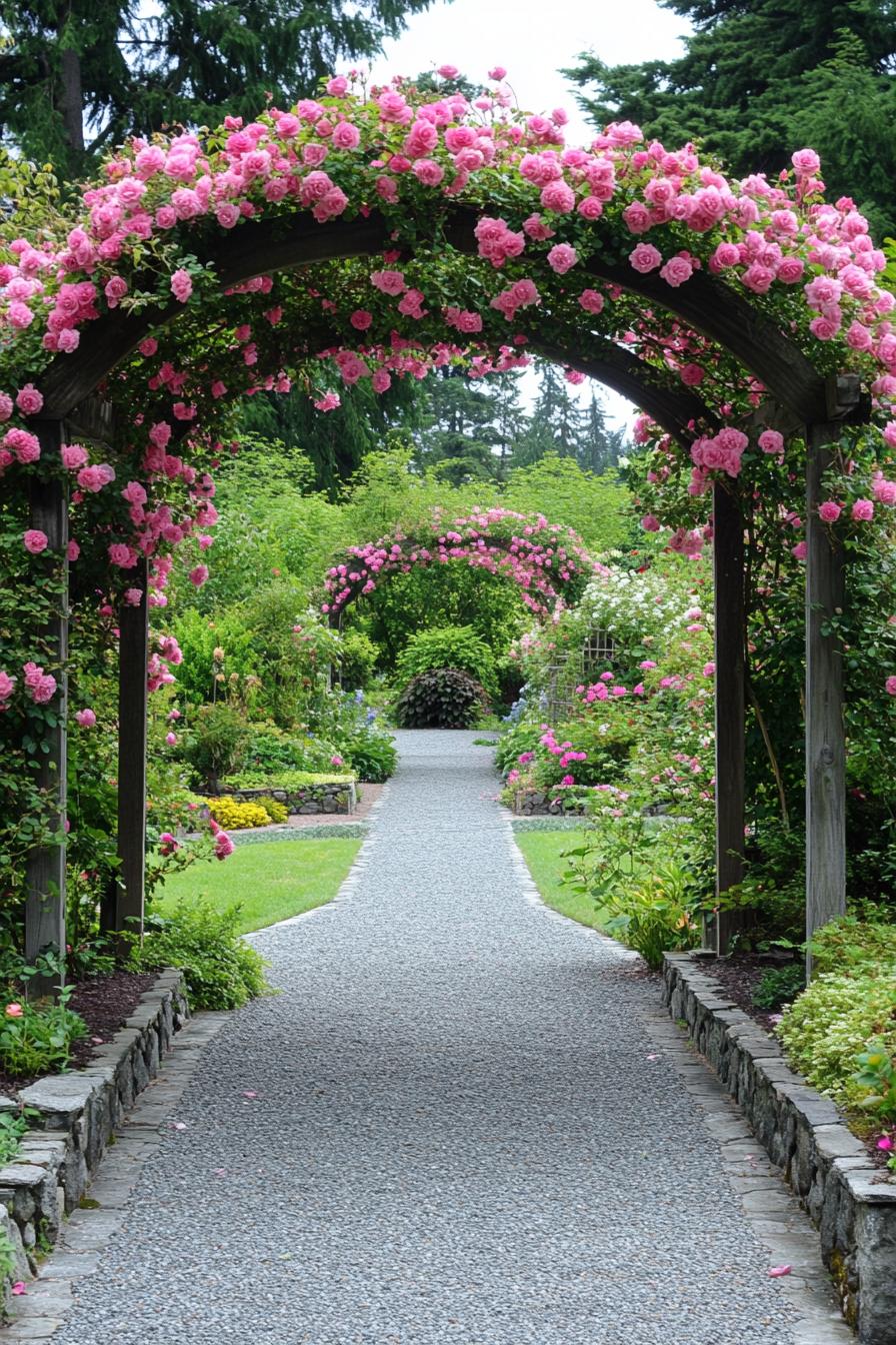 beautiful lush garden with arbor of pink vine roses theres a garden benh and a stone path leading to it there are stone borders 2