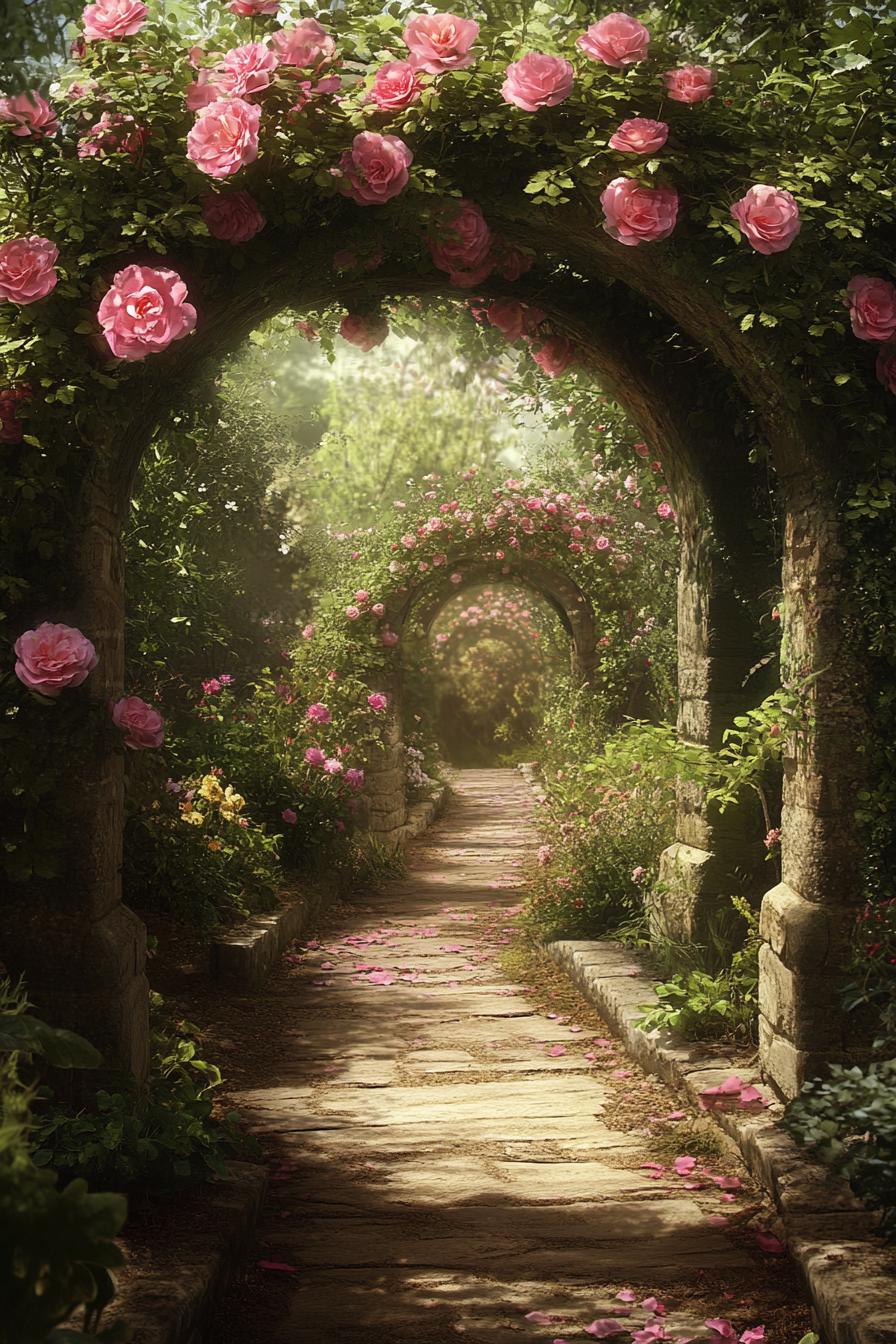 beautiful lush garden with arbor of pink vine roses theres a garden benh and a stone path leading to it there are stone borders 3