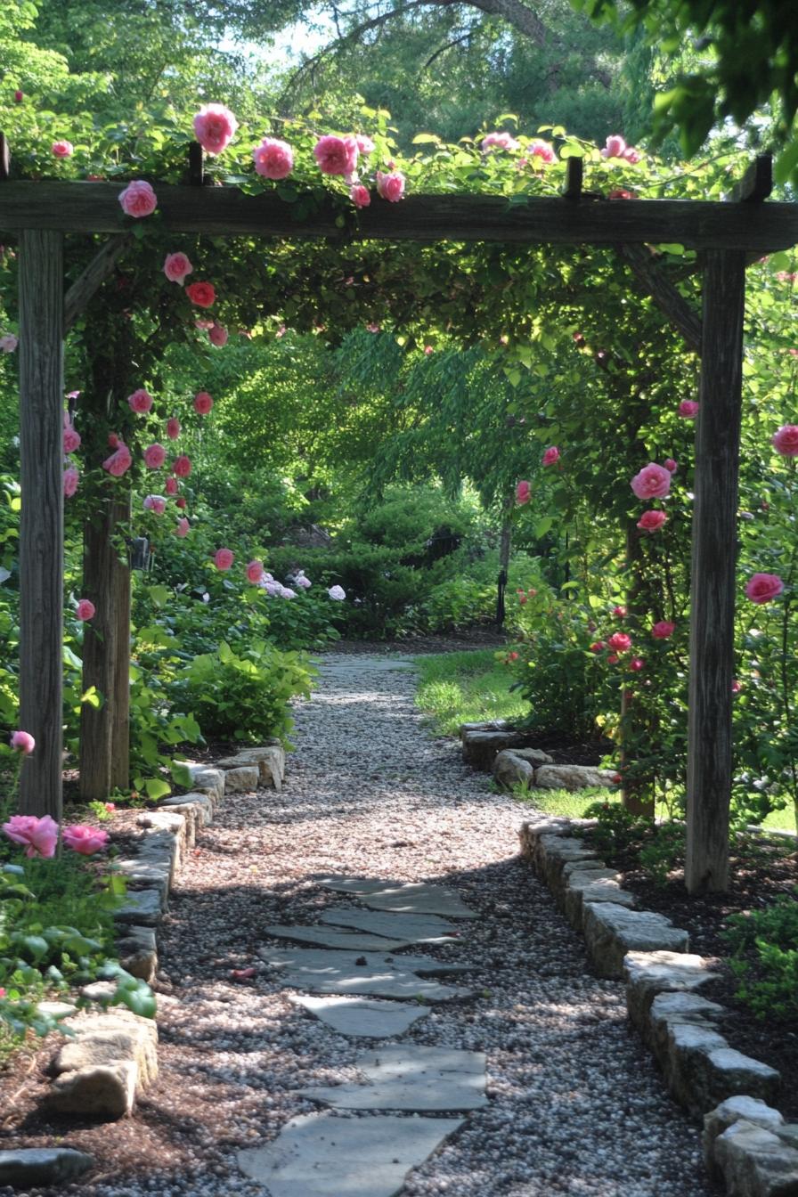 beautiful lush garden with arbor of pink vine roses theres a garden benh and a stone path leading to it there are stone borders