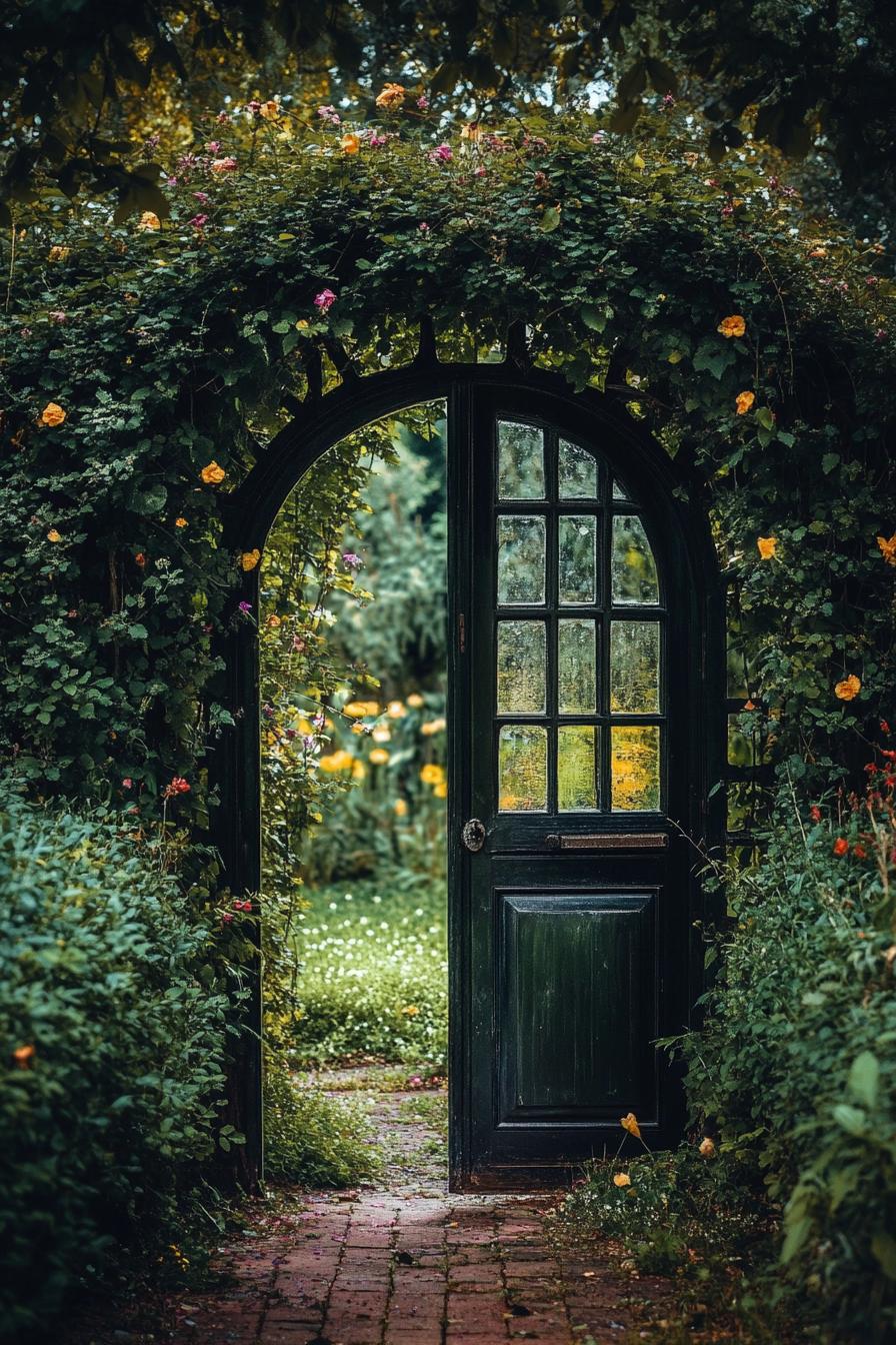 closed small arched door to a garden the arch is overgrown with flower vines the fence is geometric shrubs the door has glass panels and the lush 1